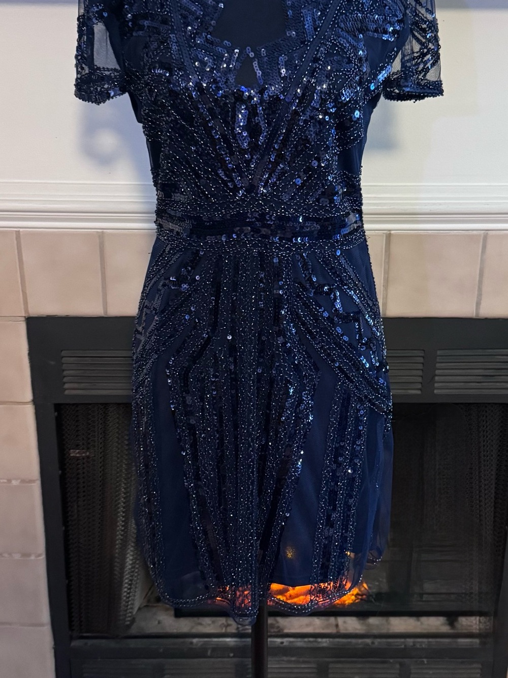 Blue Sequin Midi Flapper Dress with Intricate Designs and Illusion Short Sleeves